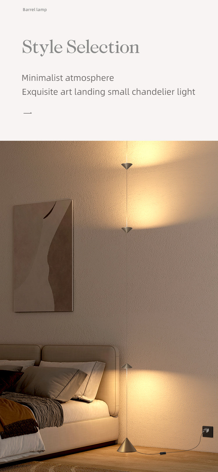 Modern interior design with a chandelier, painting, and lamp on a neutral wall.
