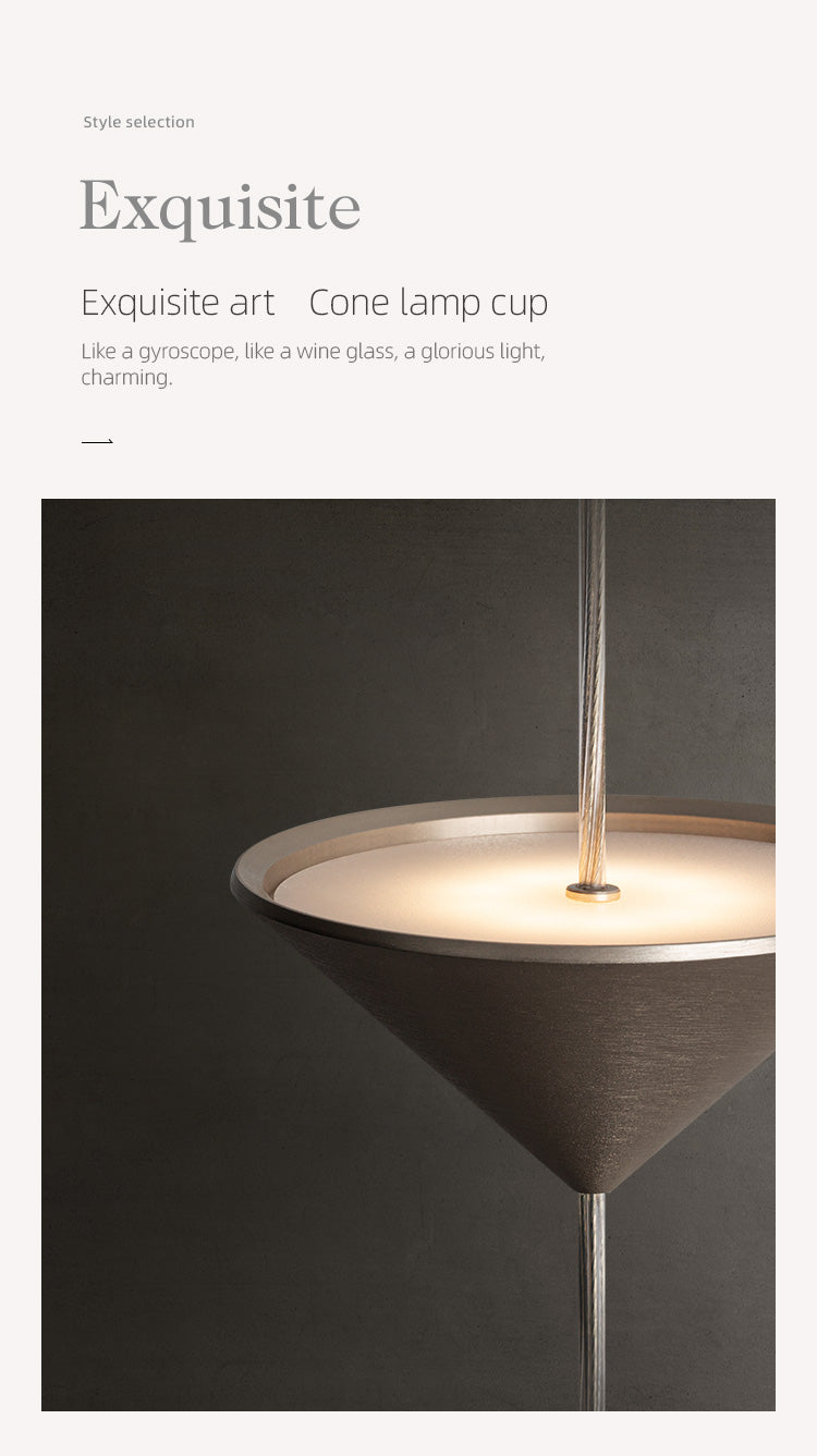 Exquisite cone lamp cup on a dark background with text describing its design.