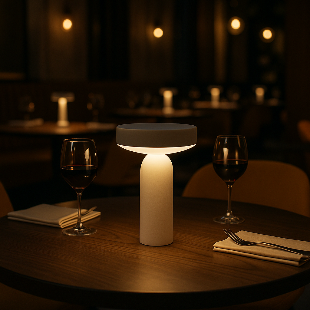 Pebble Table Lamp sand white illuminated with warm inner glow
