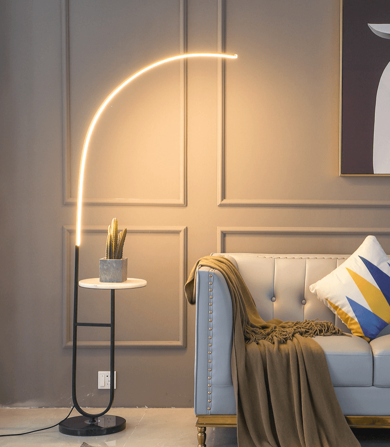 Crescenté Arc Floor Lamp curved chrome arc with round marble pedestal base