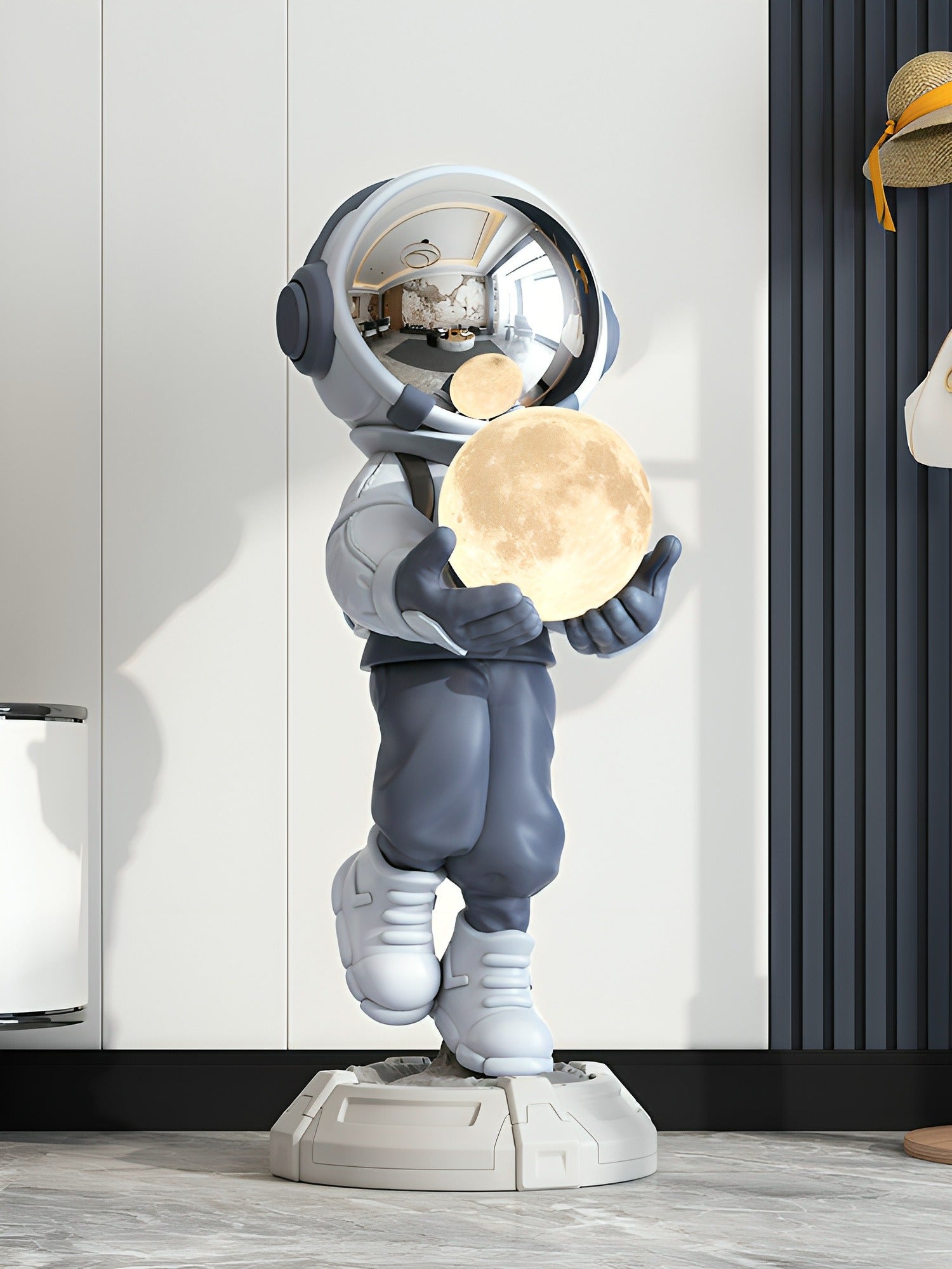 Astro Lamp silver astronaut figure with glowing moon orb, alternate angle