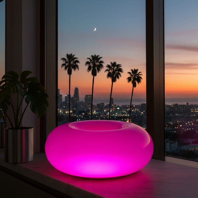 Glownut Lamp orange glowing donut-shaped sculptural table lamp by La Caza Cali