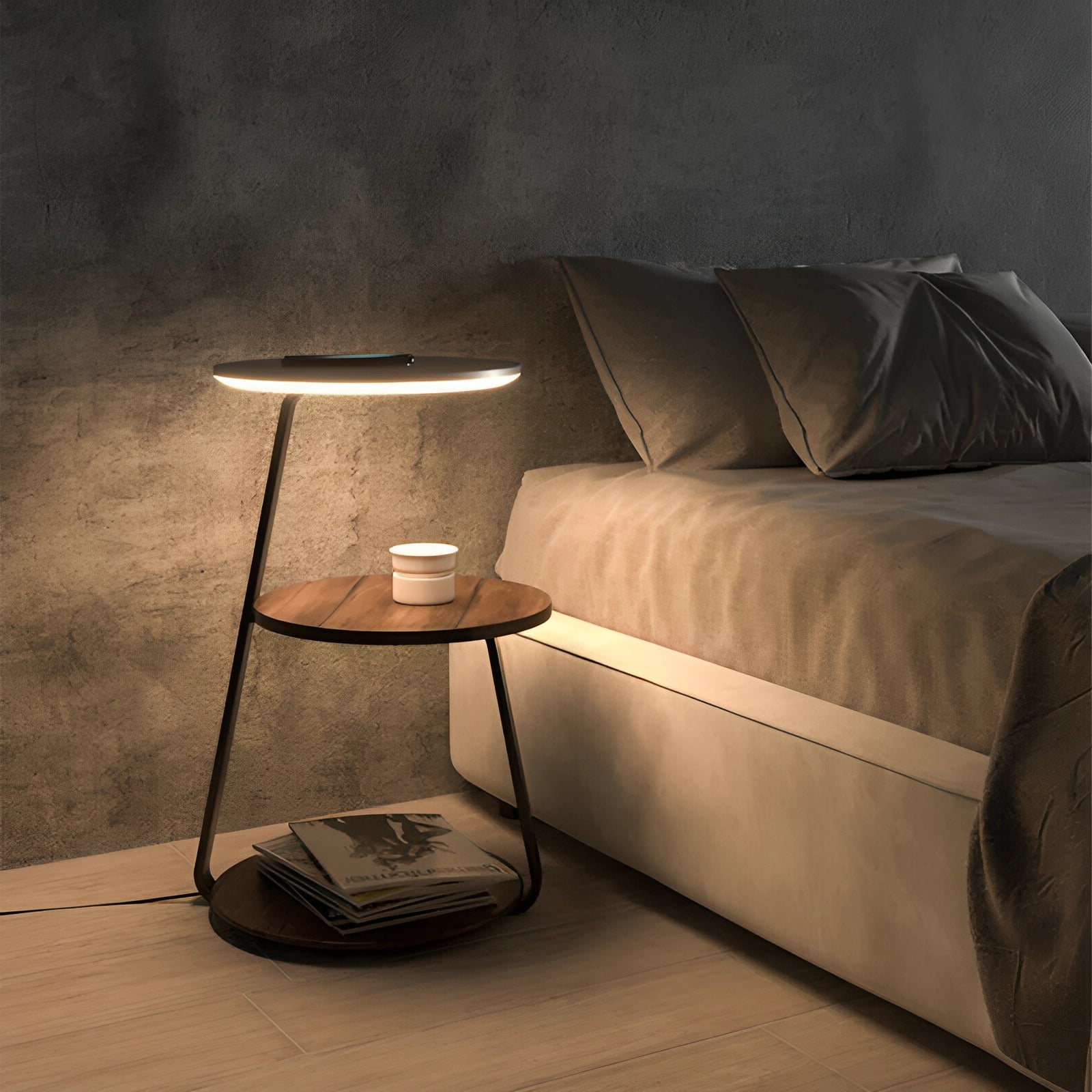Glownest Bedside Table black iron frame with walnut wood top by La Caza Cali