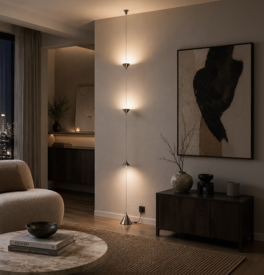 A modern multi-light linear wall sconce with three illuminated warm bulbs suspended by thin cords, mounted on a beige wall in a contemporary living room setting.
