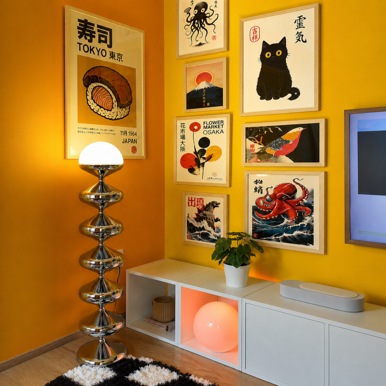 A styled interior corner with a mustard yellow wall, framed art prints, a tall silver spiral floor lamp, a white cabinet, and a TV edge visible on the right.