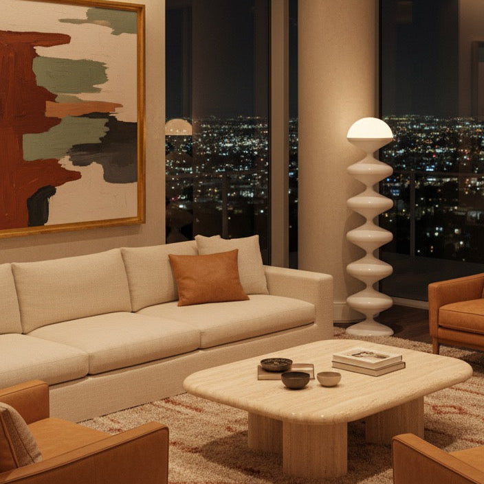 Pagoda Floor Lamp white tiered shade in modern living room lifestyle