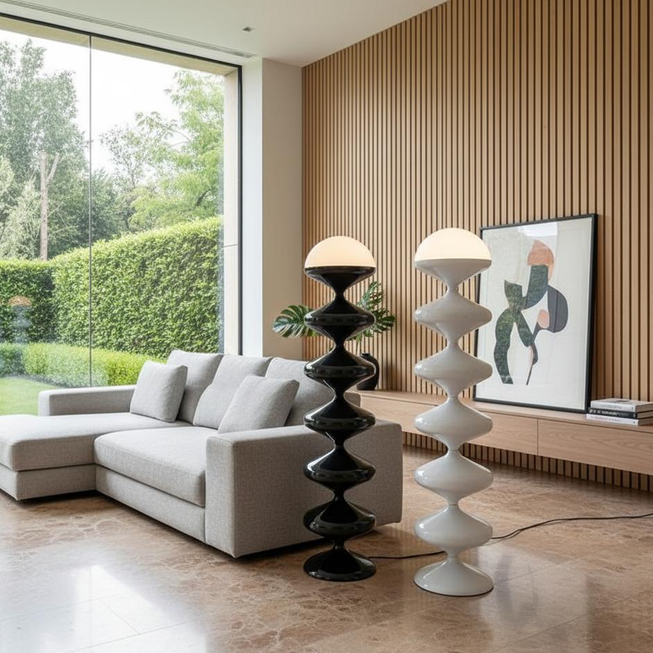 Pagoda Floor Lamp white finish side view with slim metal stand