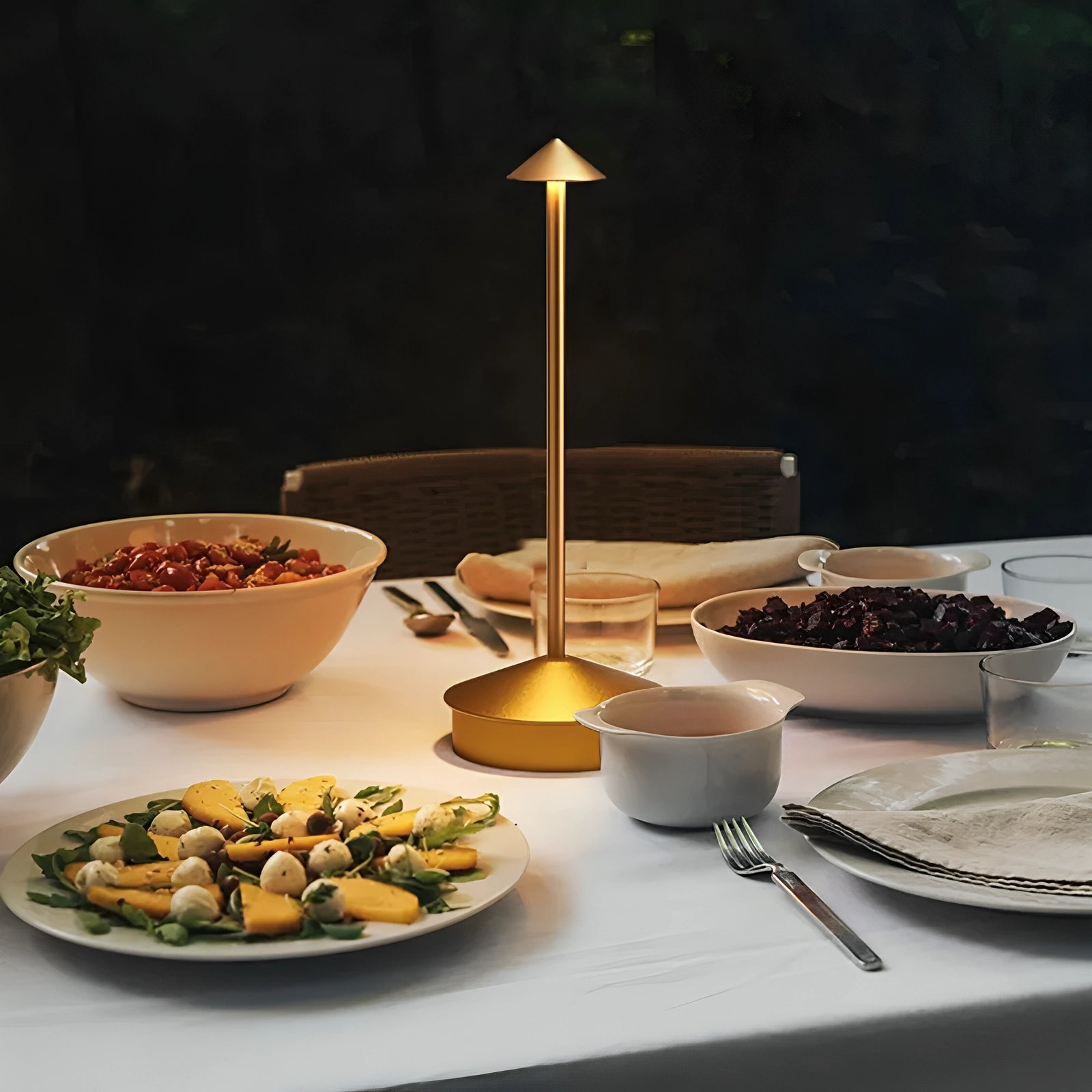 Pinnacle Table Lamp gold finish conical sculptural table lamp by La Caza Cali