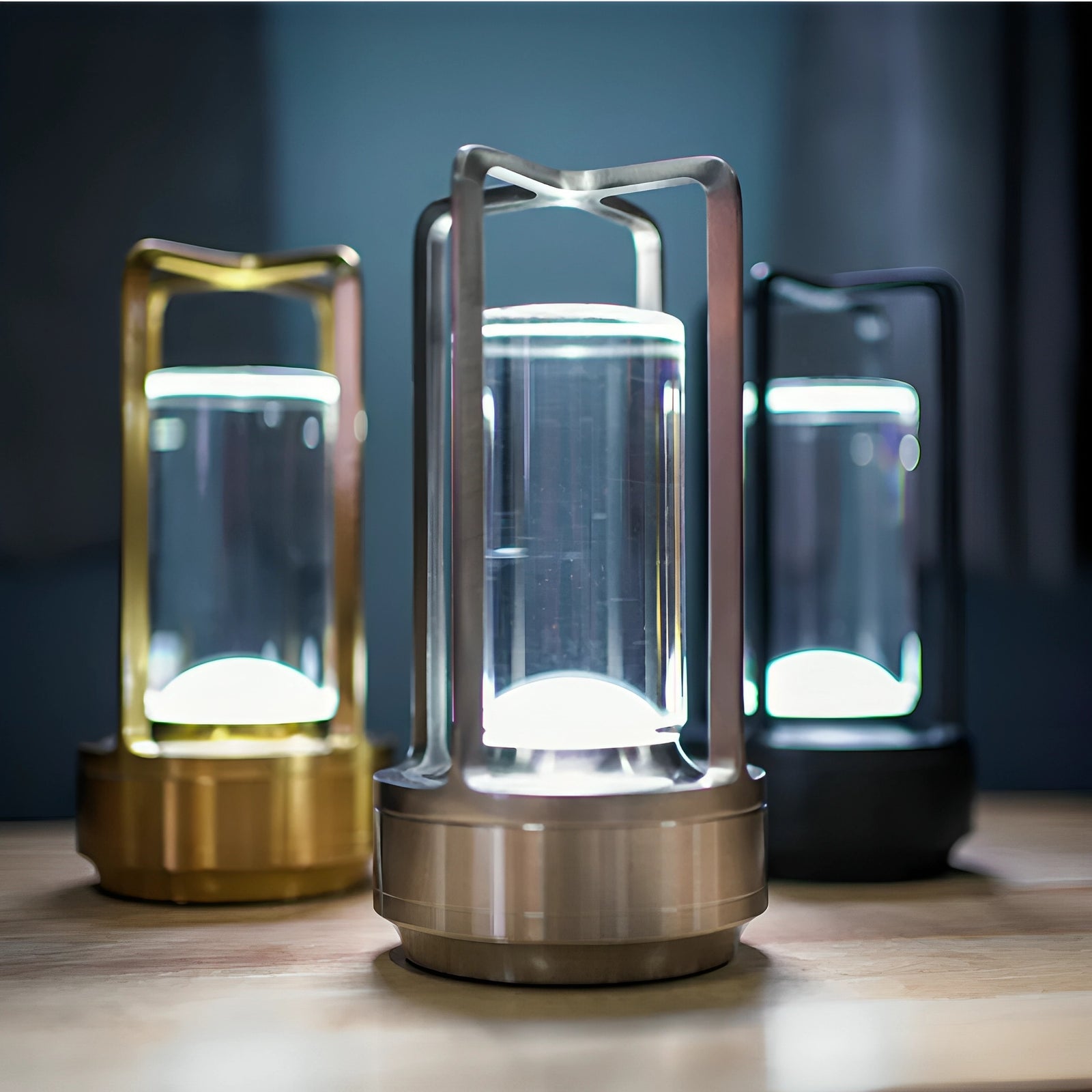 Lumina Lantern Table Lamp silver on white background, cutout view