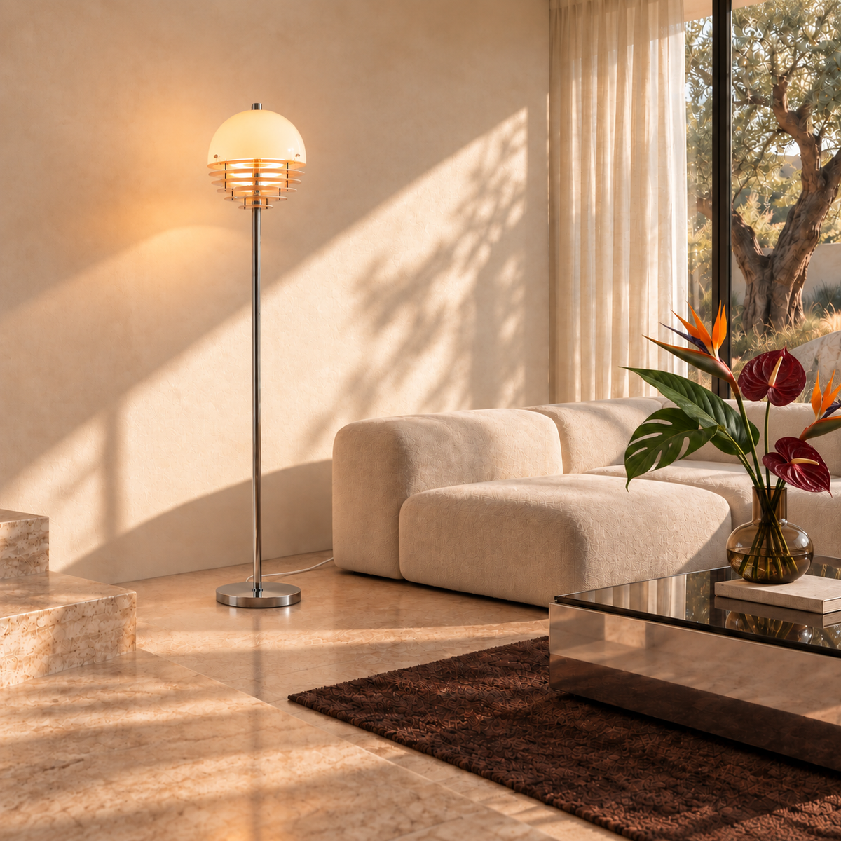 Square editorial photo of Aperol floor lamp in a sunlit travertine living room with cream seating, a white woven cord and exotic flowers on a chrome coffee table.