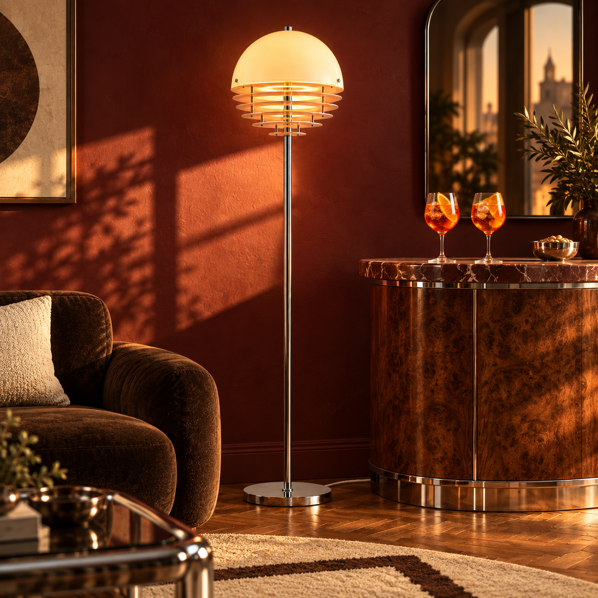 Aperol floor lamp glowing beside a sculptural burl-wood home bar with two orange spritzes, wine-red walls and a discreet white woven cord in golden-hour light.