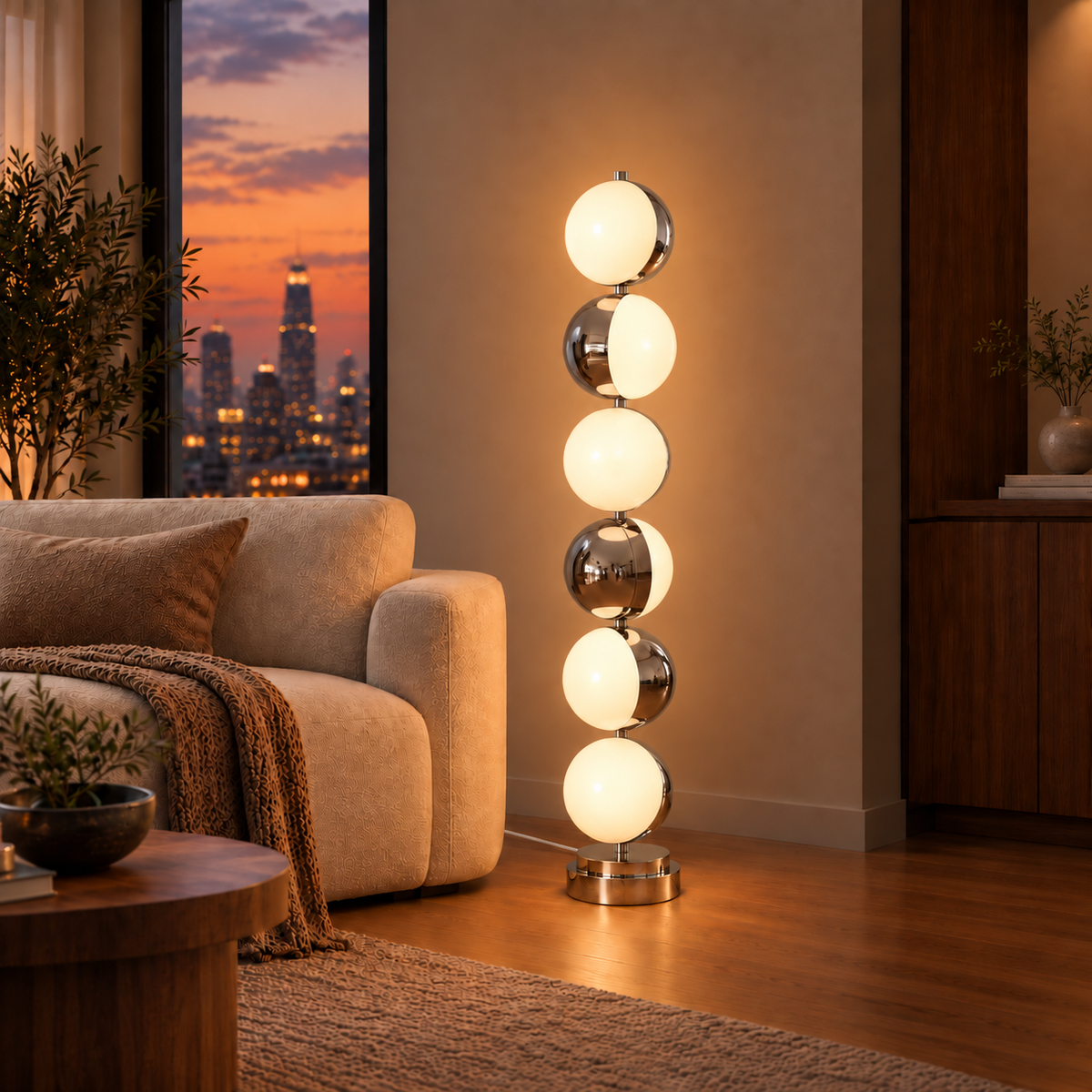 Caviar Floor Lamp illuminated beside a cream sofa at sunset, with a discreet white woven cord tucked behind the sofa.