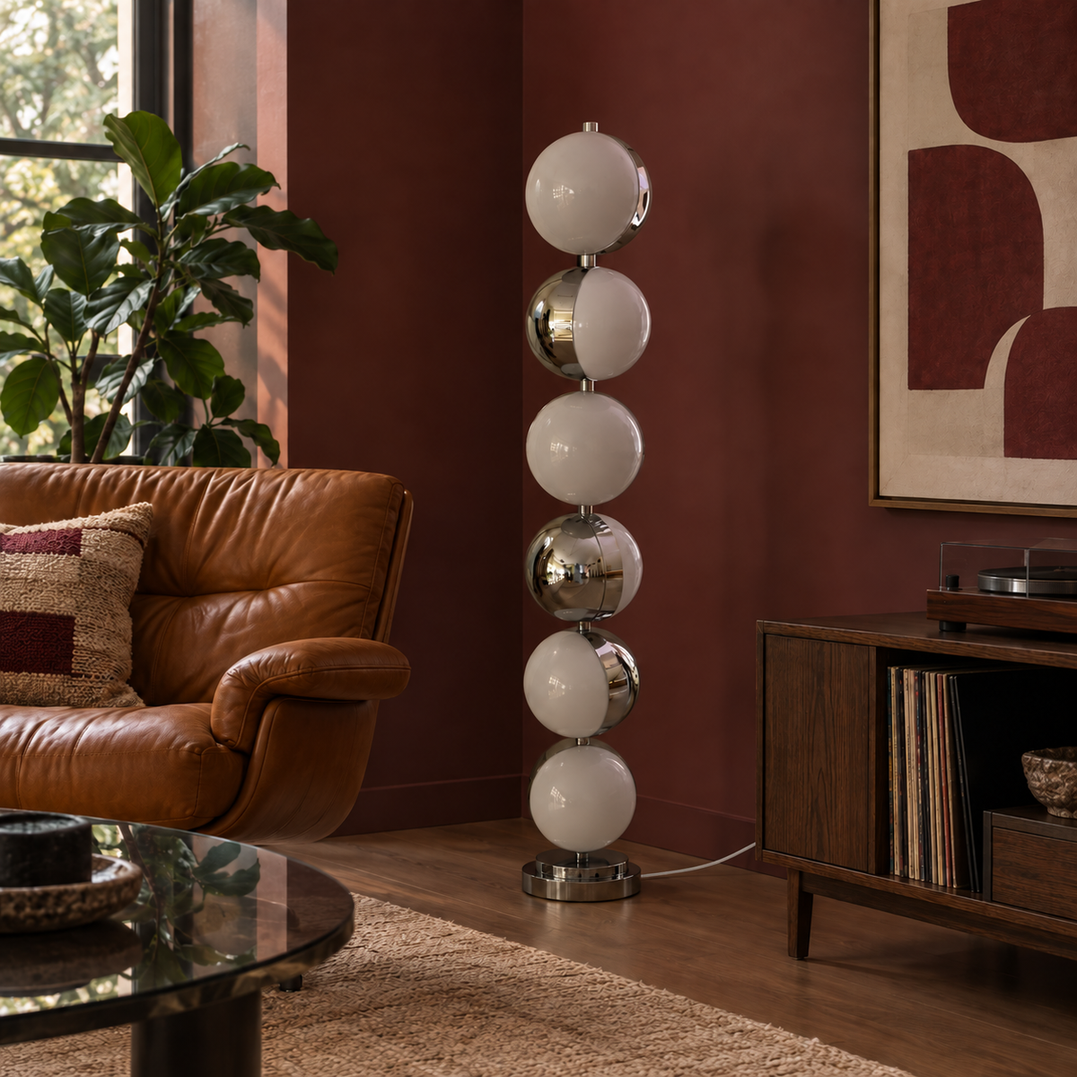 Caviar Floor Lamp switched off in a bordeaux room, with a white woven cord tucked behind the record cabinet.