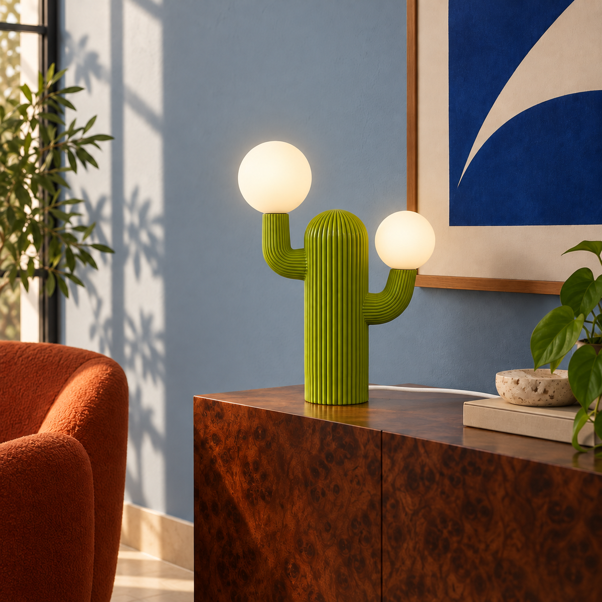 Prickly green cactus table lamp glowing warm white with a white woven fabric cord in a powder-blue room.