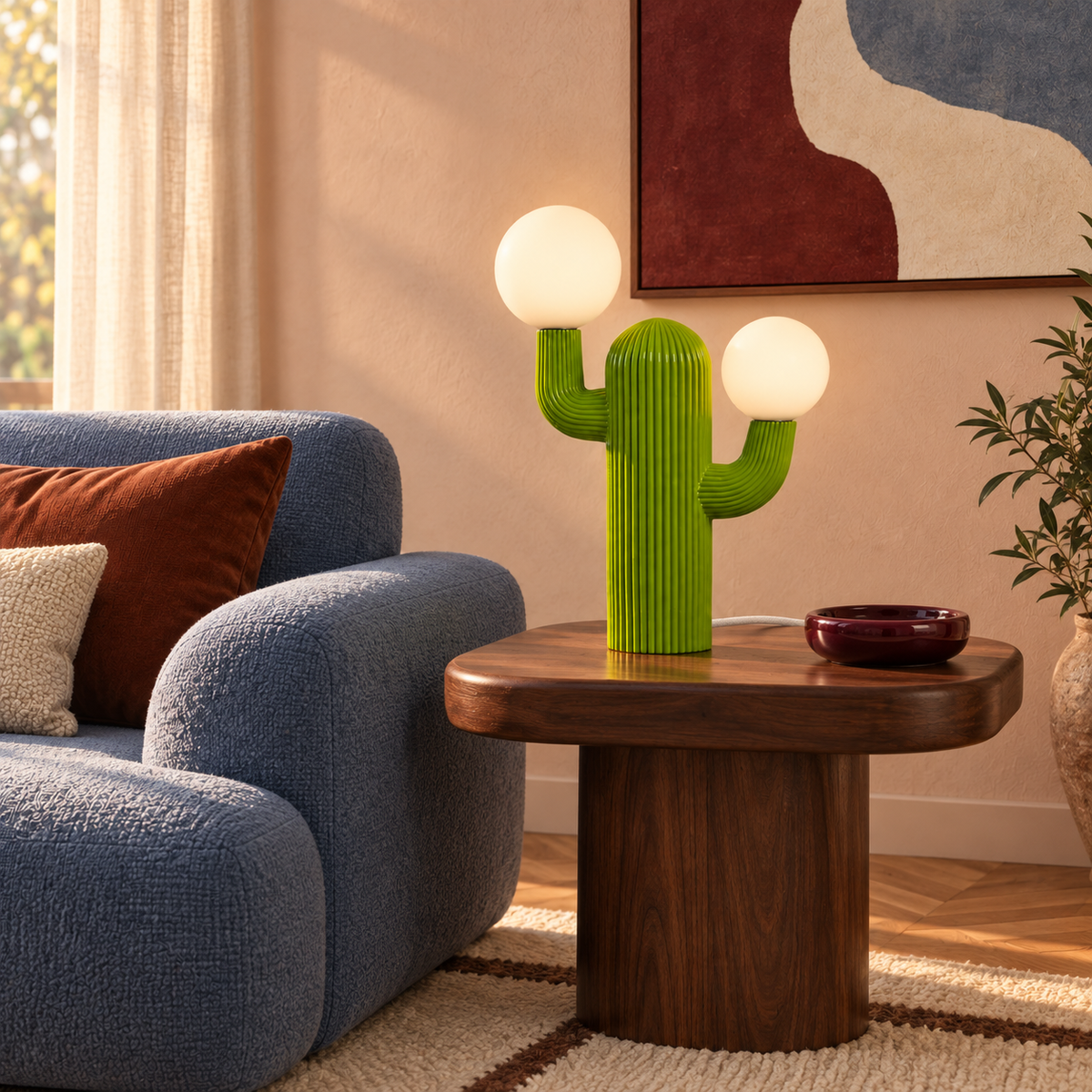 Prickly green cactus table lamp glowing on a walnut side table beside a blue sofa with rust and cream cushions.