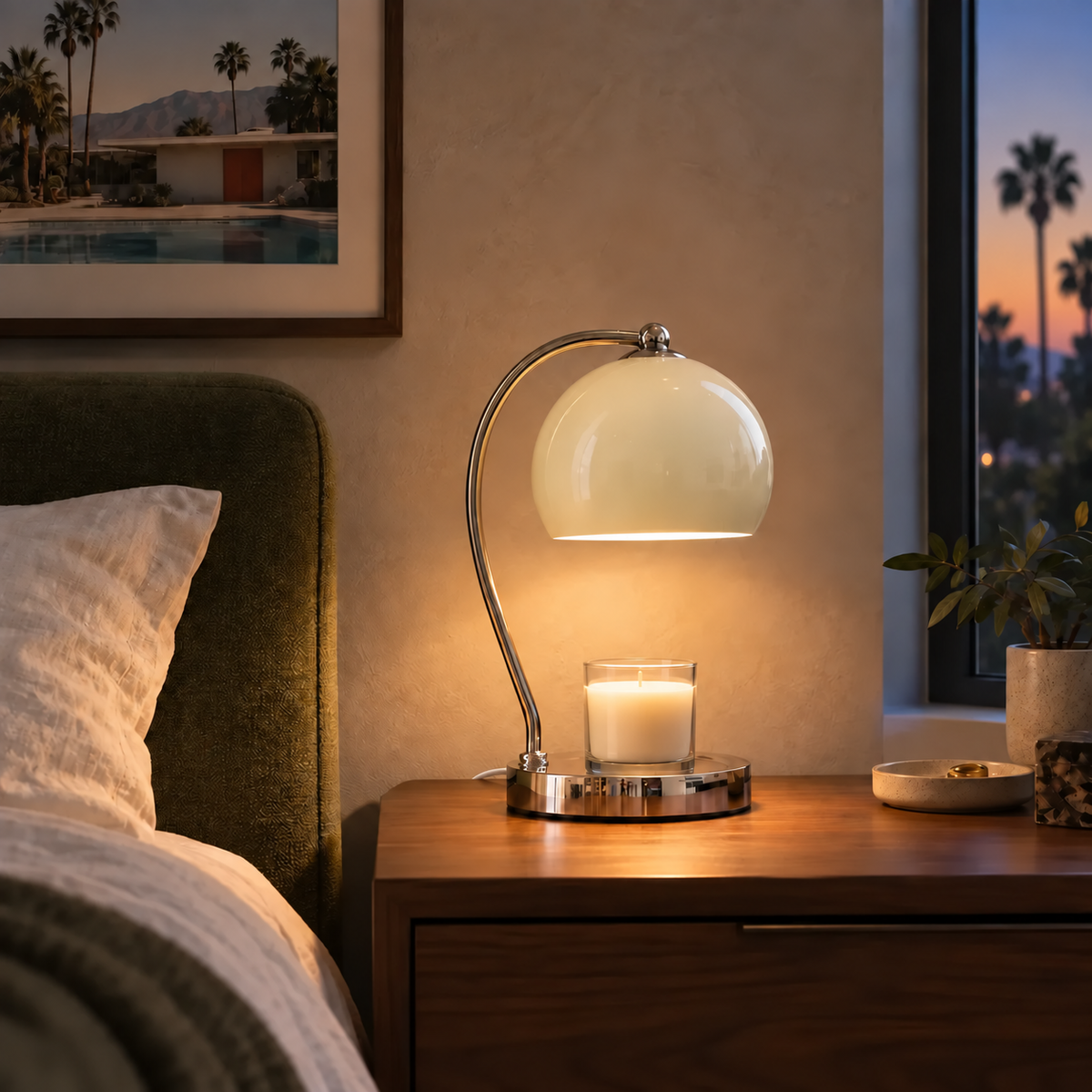 Wick table lamp illuminated with an unlit candle jar and a discreet white woven cord in a styled bedroom.