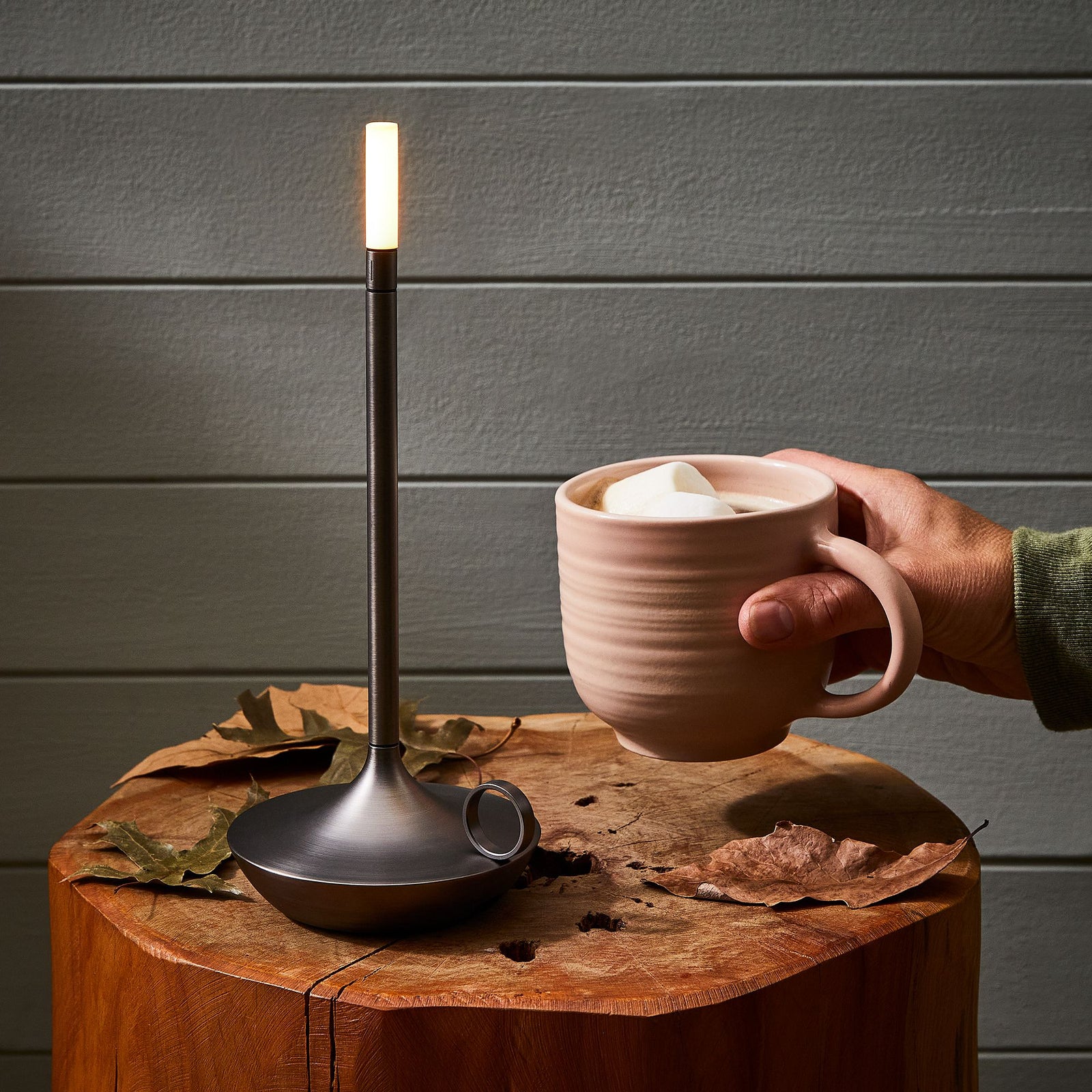 Genie's Glow Table Lamp graphite finish with rechargeable wick LED