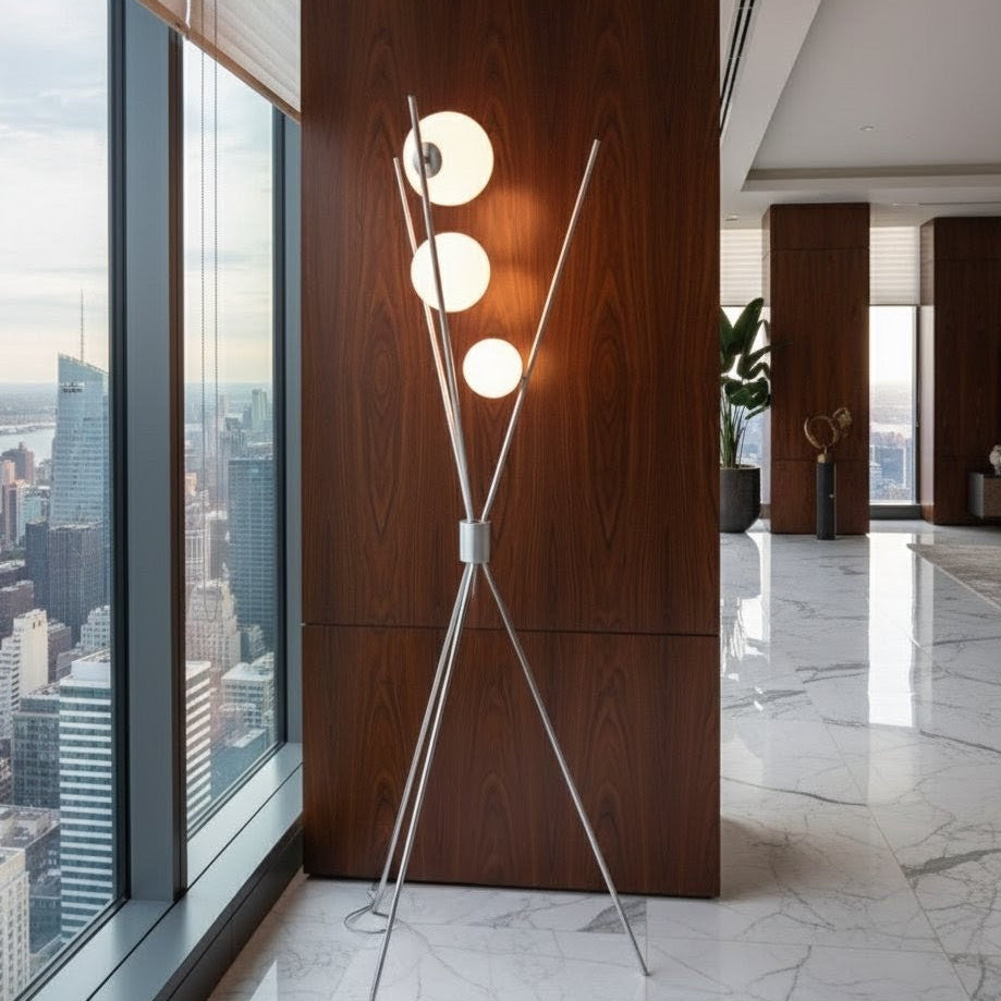 Triglobe Floor Lamp silver stacked triple globe design, full height view