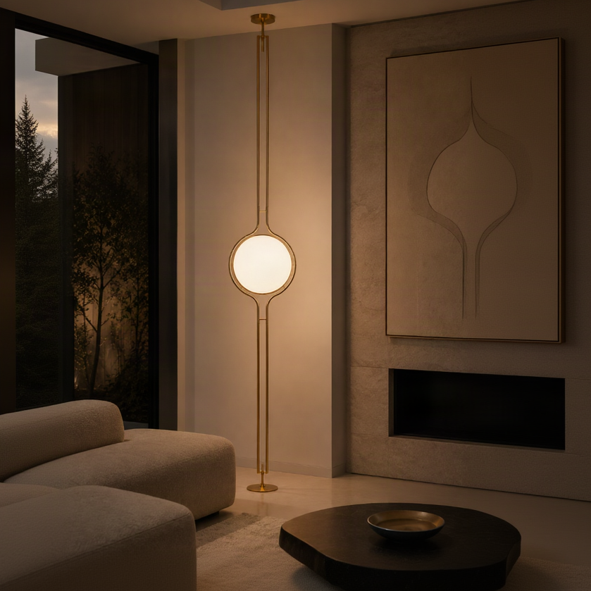 A modern floor lamp with a long gold metal frame and a glowing oval light bulb, positioned in a stylishly decorated living room next to a beige sofa and a dark coffee table.