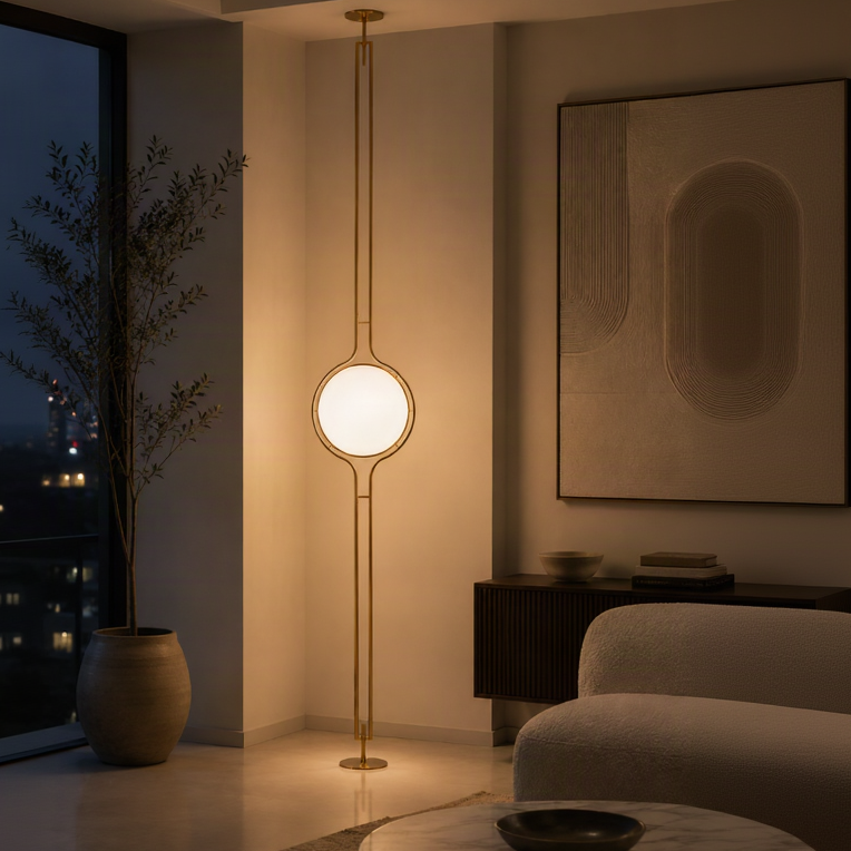 A modern floor lamp with a gold-finished metal frame and a glowing oval light bulb, positioned in a warm, contemporary living room setting.