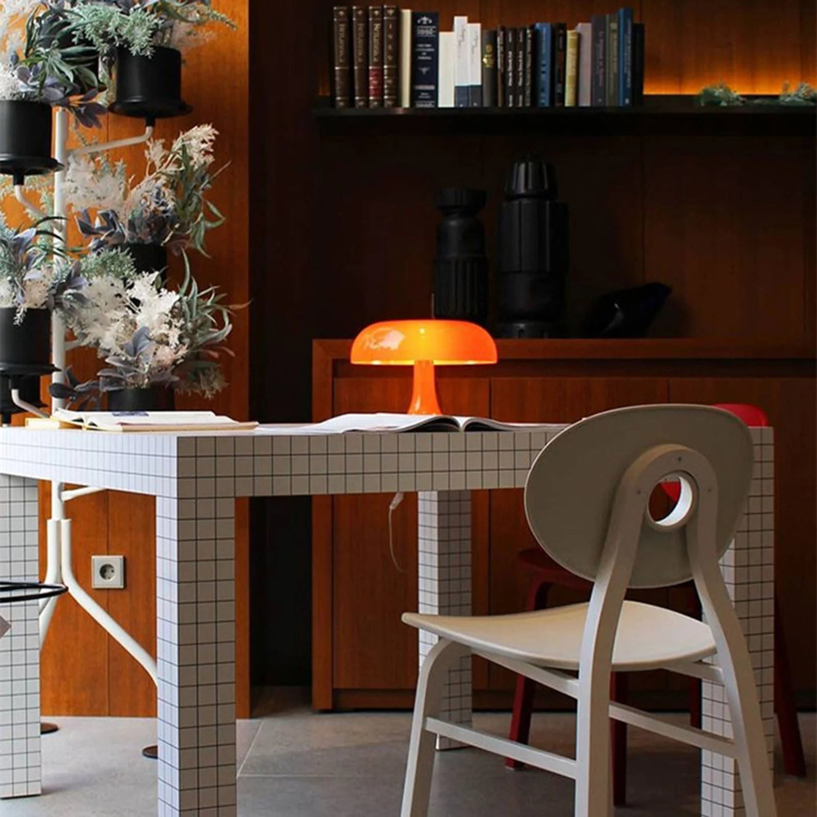 Medusa Table Lamp on bedside nightstand in cozy bedroom lifestyle