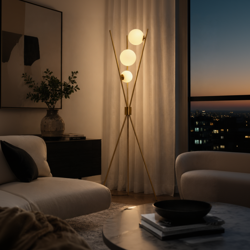 A modern three-light floor lamp with a gold-toned metal tripod base and three glowing spherical bulbs, placed in a softly lit living room beside a window with a city view at dusk.