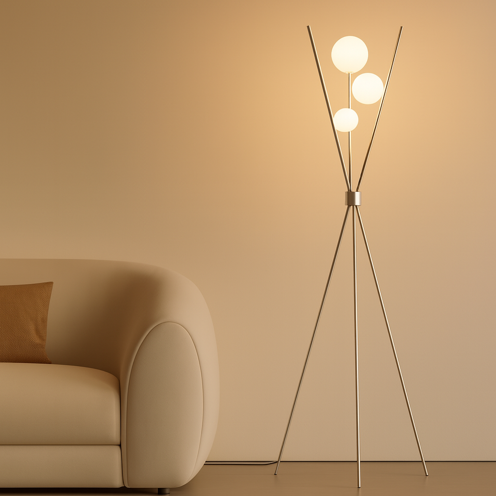 Triglobe Floor Lamp silver base globe and weighted floor stand detail