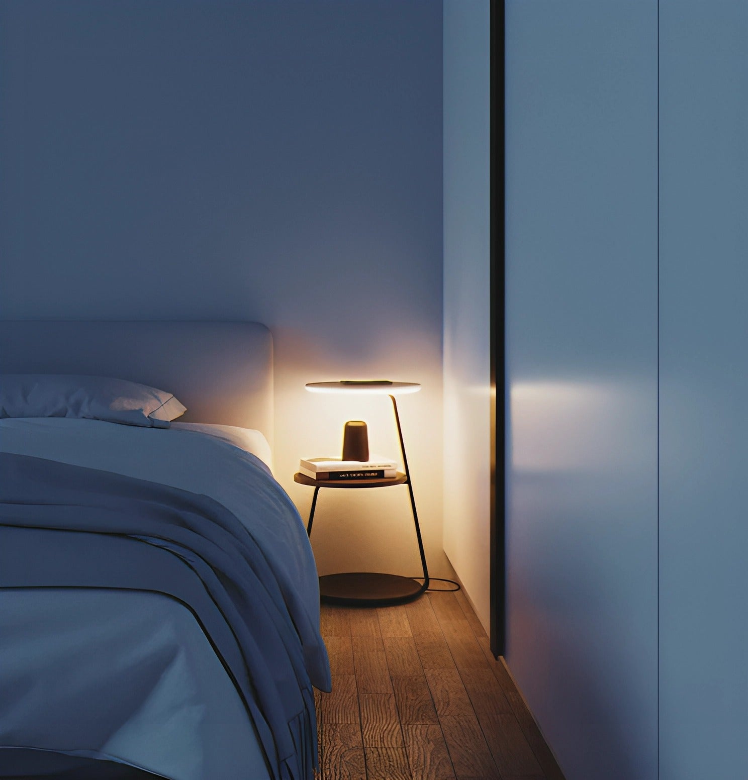 Glownest Bedside Table with coordinating lamp in styled bedroom vignette
