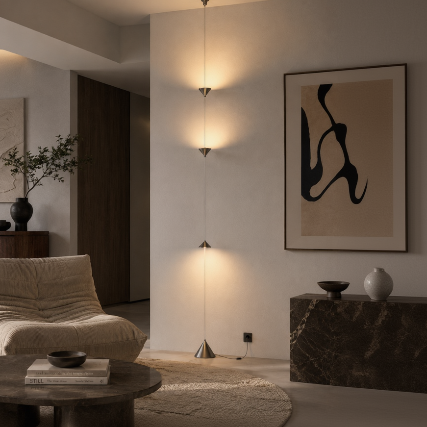 A modern multi-light linear pendant wall lamp with three warm glowing illuminated shades, mounted on a white wall in a contemporary living room setting.