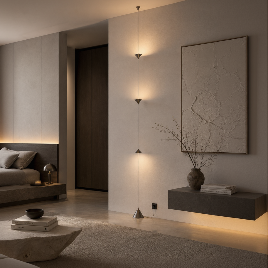 A modern vertical string wall light with three warm LED bulbs on thin wires, suspended in a minimalist bedroom setting.