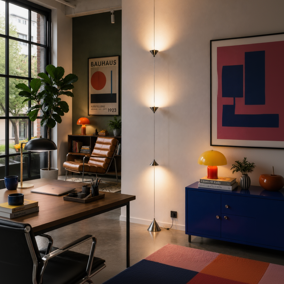 A modern interior room scene featuring a tall, minimalist multi-light floor lamp with three glowing bulbs on a thin vertical rod. The room includes a wooden desk, a blue cabinet with a yellow lamp, a brown leather chair, and abstract wall art.