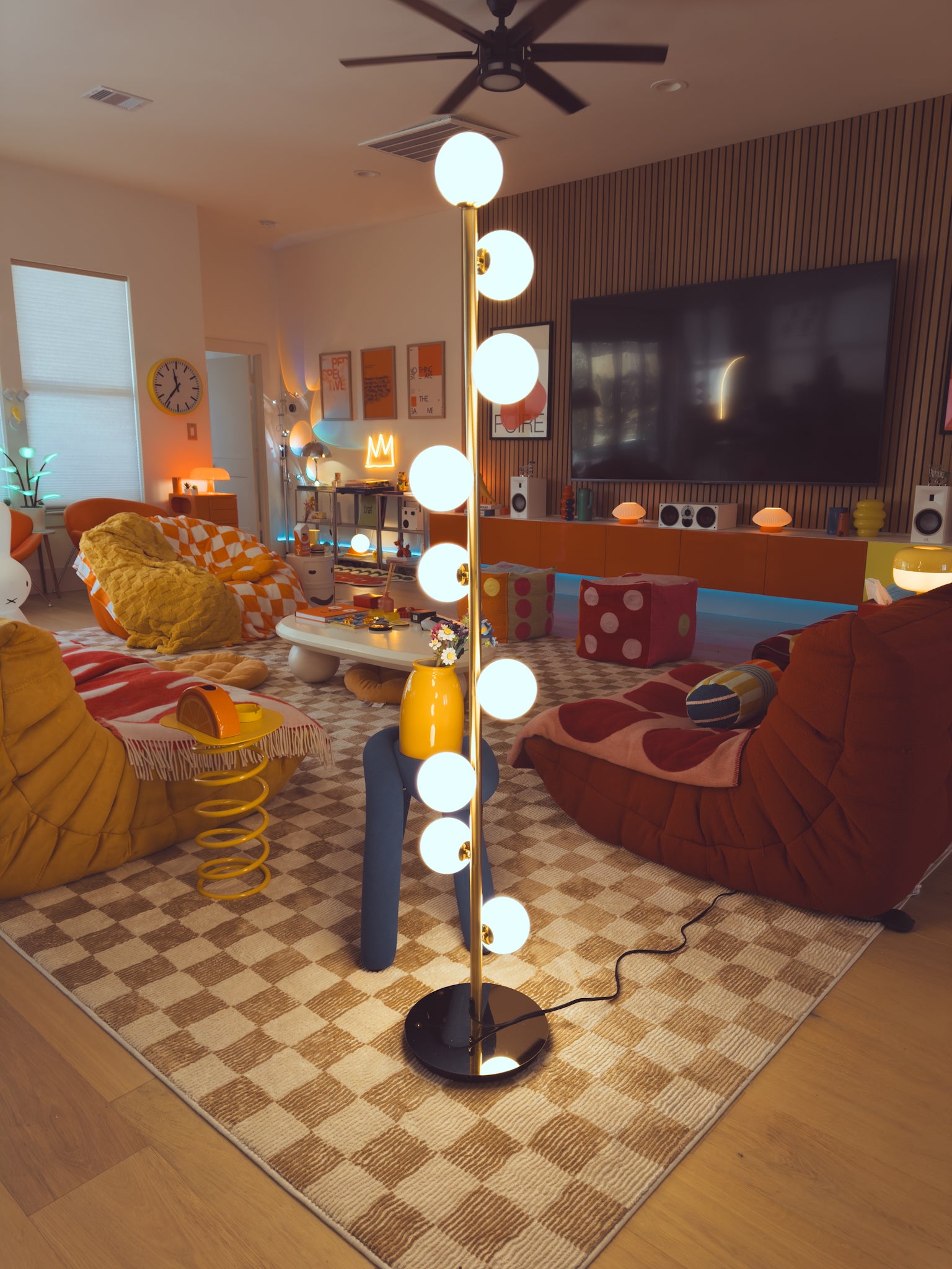Pearl Floor Lamp Gold Pole with Zig Zag White Glass Globes, Dimmable LED, Remote Control, Adjustable Warm & Cool White Light