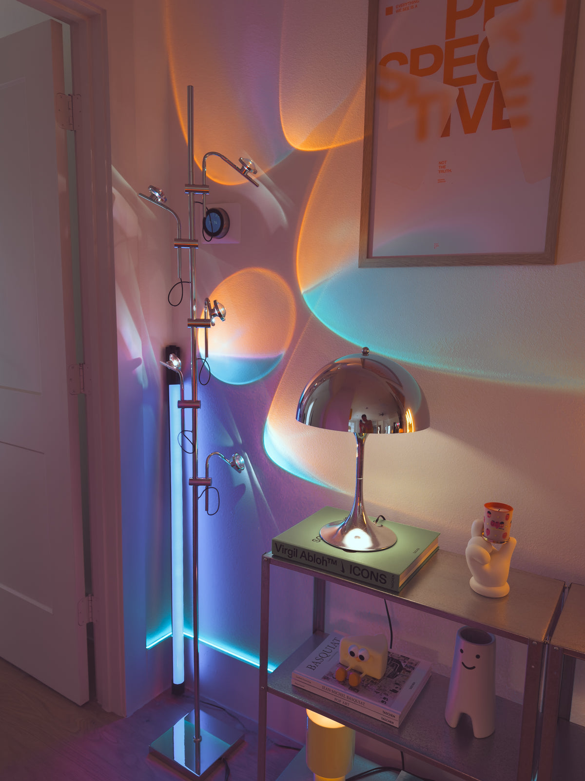 Polynescence Floor Lamp arching over modern living room seating area