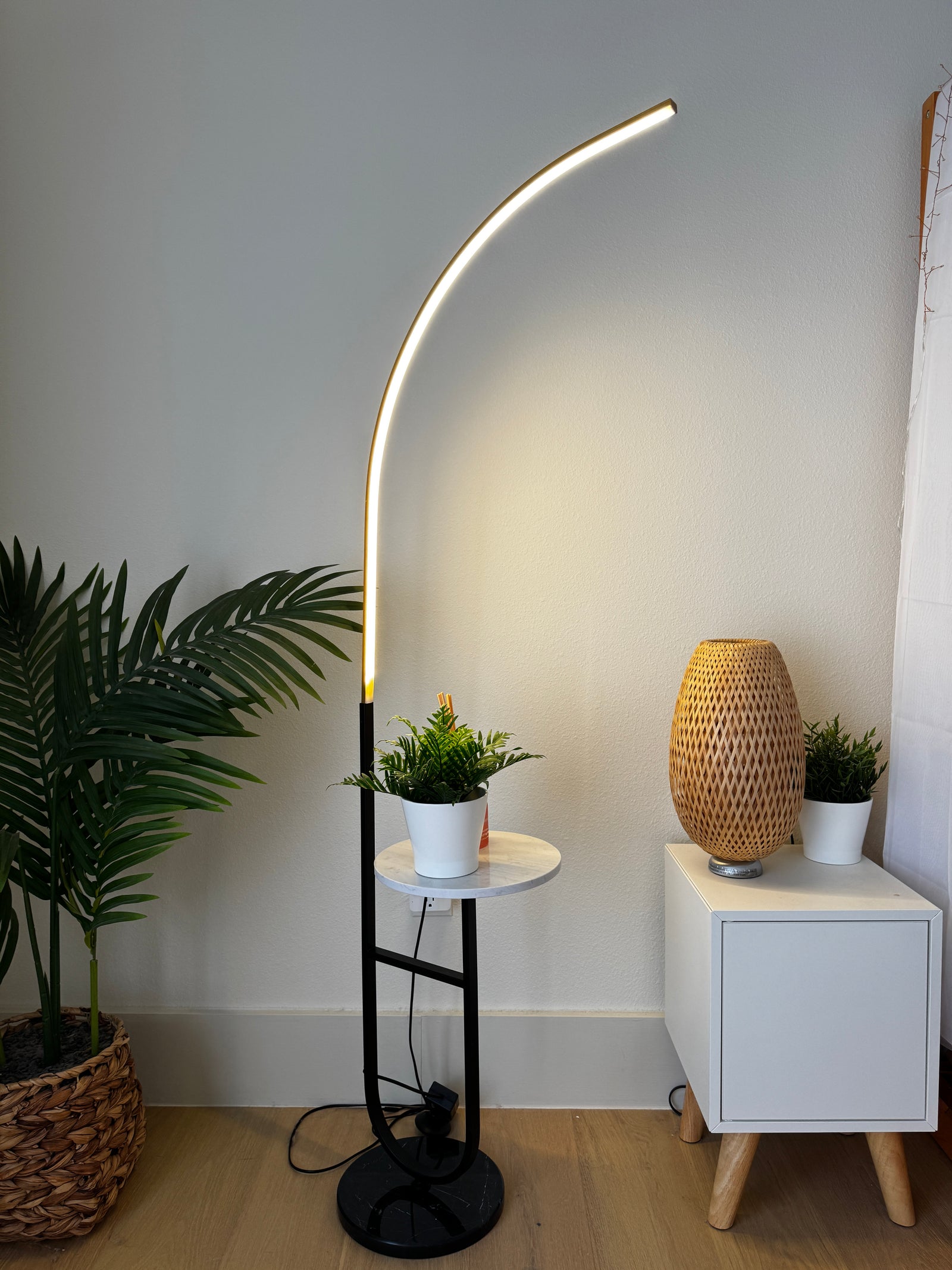 Crescenté Arc Floor Lamp full profile in designer living room setting