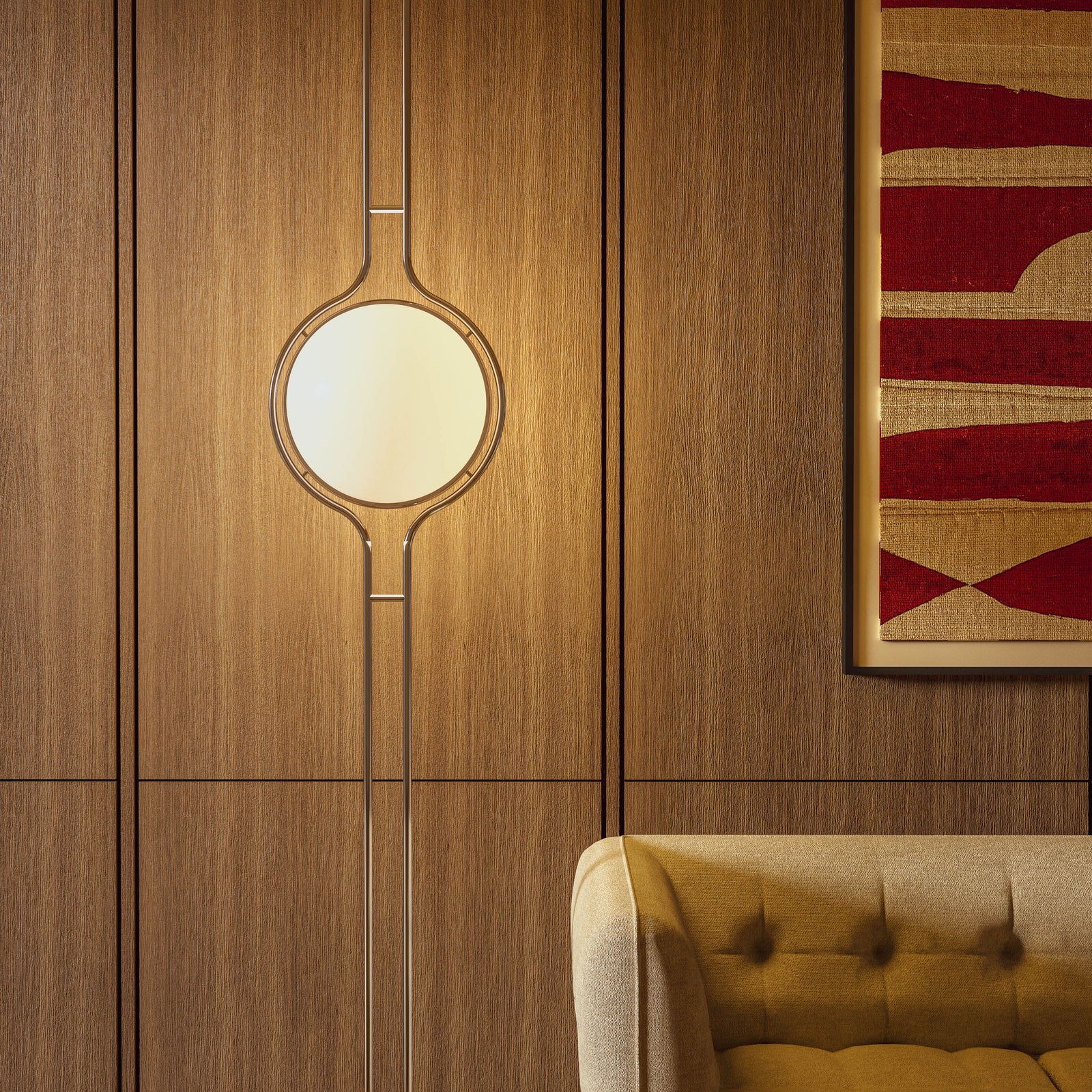 Pluto Floor To Ceiling Lamp in bedroom beside bed casting ambient glow
