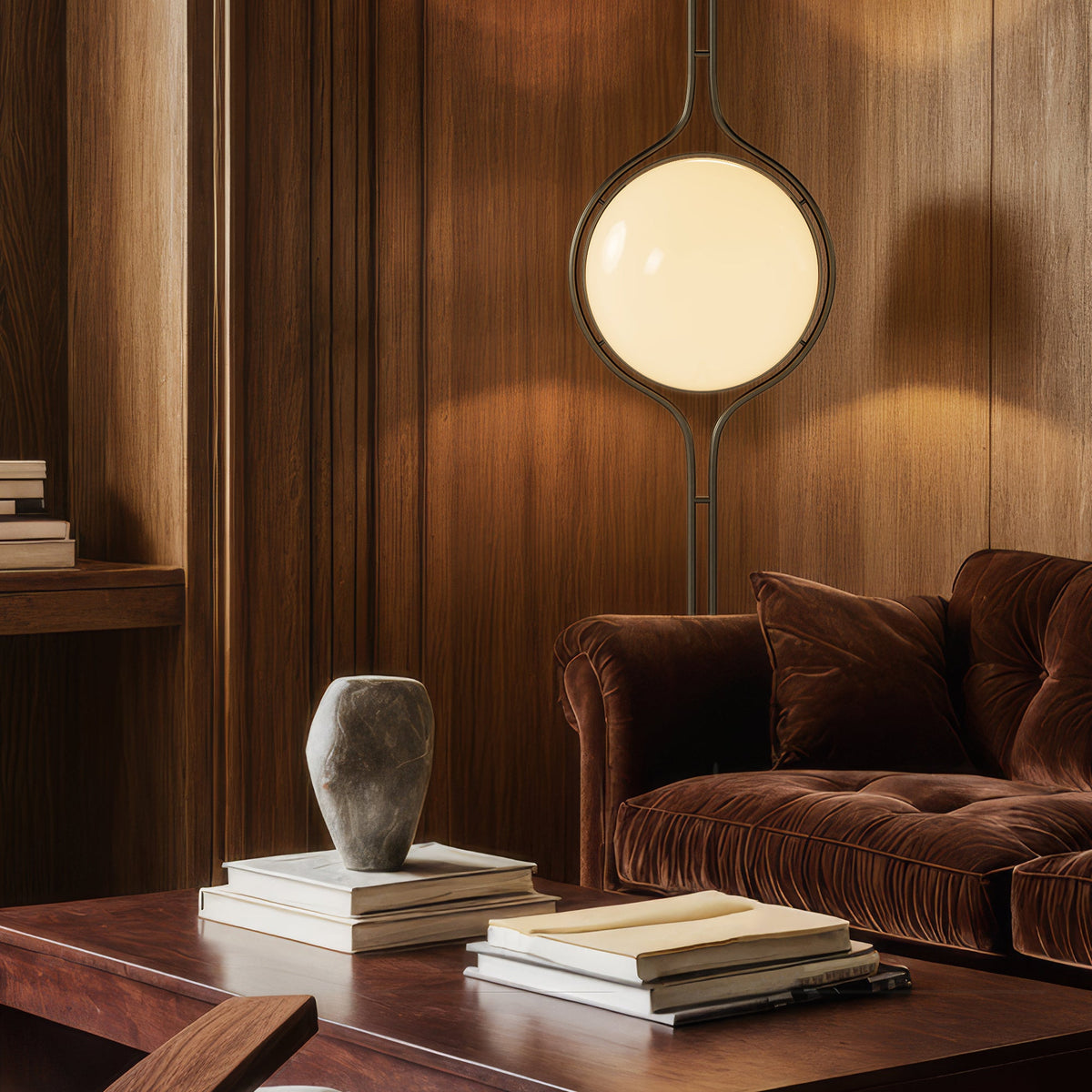 Pluto Floor To Ceiling Lamp warm illuminated globes in dim living room