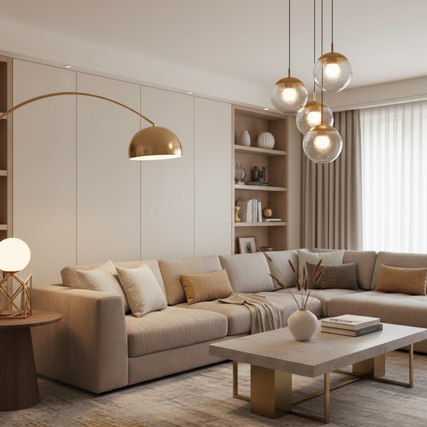 La Caza Cali studio living room with sculptural floor lamps