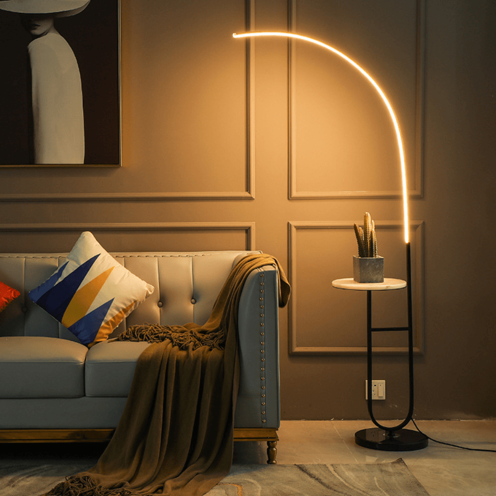 Crescenté Arc Floor Lamp with LED arc arm and marble base by La Caza Cali