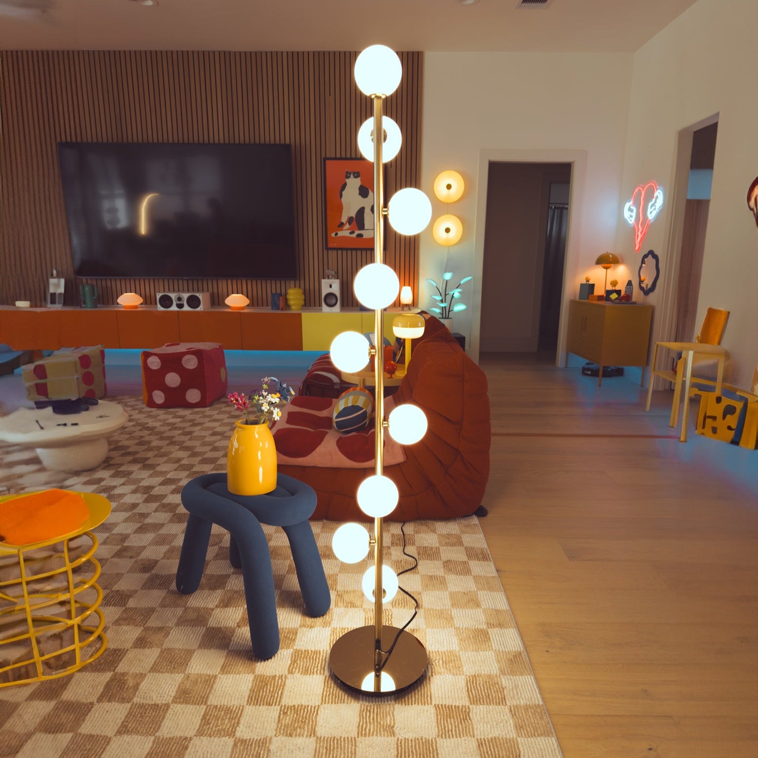 Pearl Floor Lamp Gold Pole with Zig Zag White Glass Globes, Dimmable LED, Remote Control, Adjustable Warm & Cool White Light
