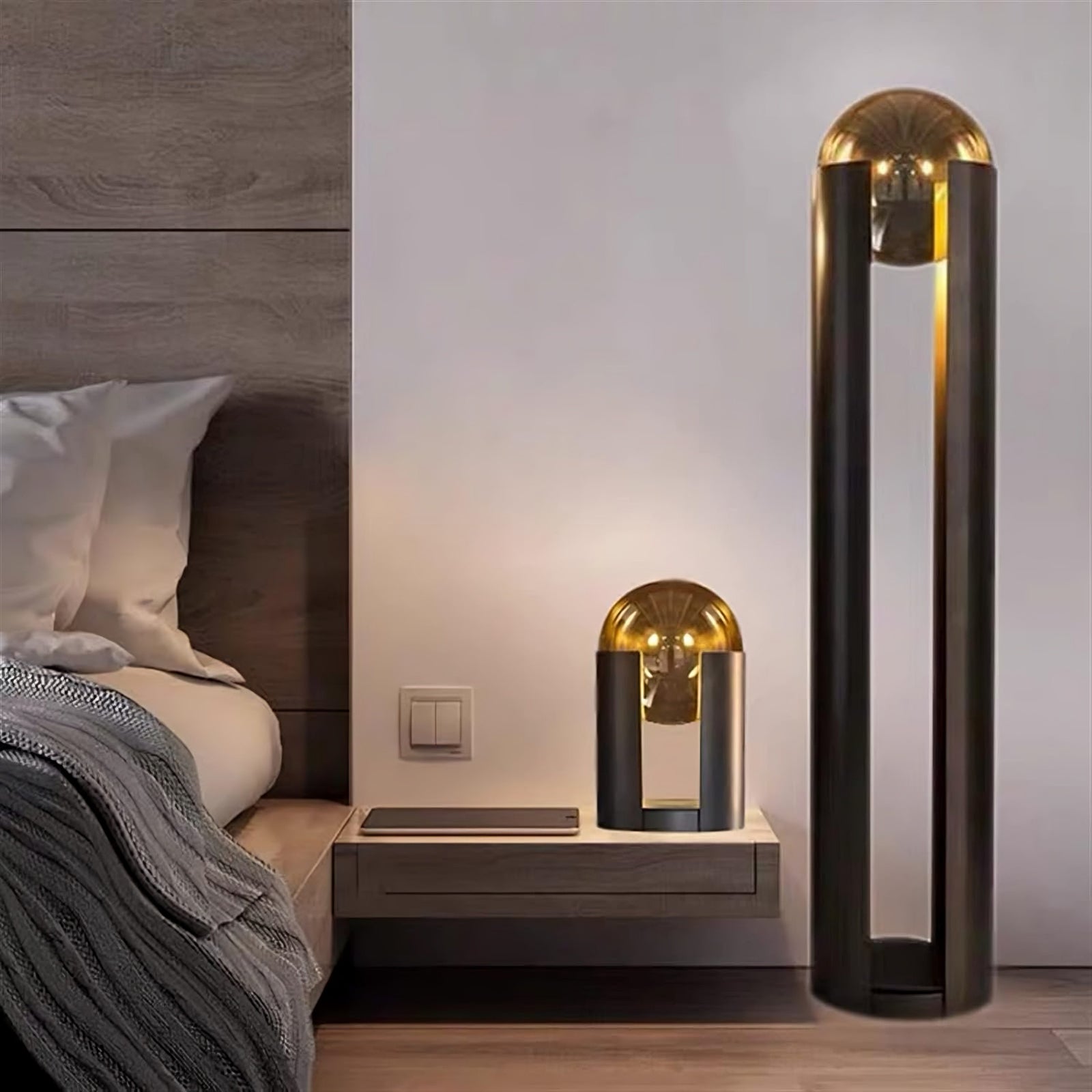 Amberlite Tower black floor lamp in modern living room with warm lighting