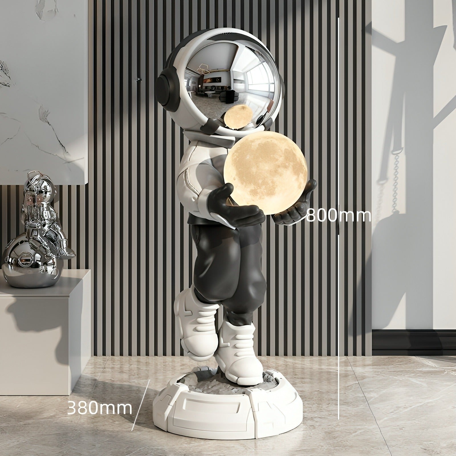 Astro Lamp silver LED table lamp on white background showing full proportions