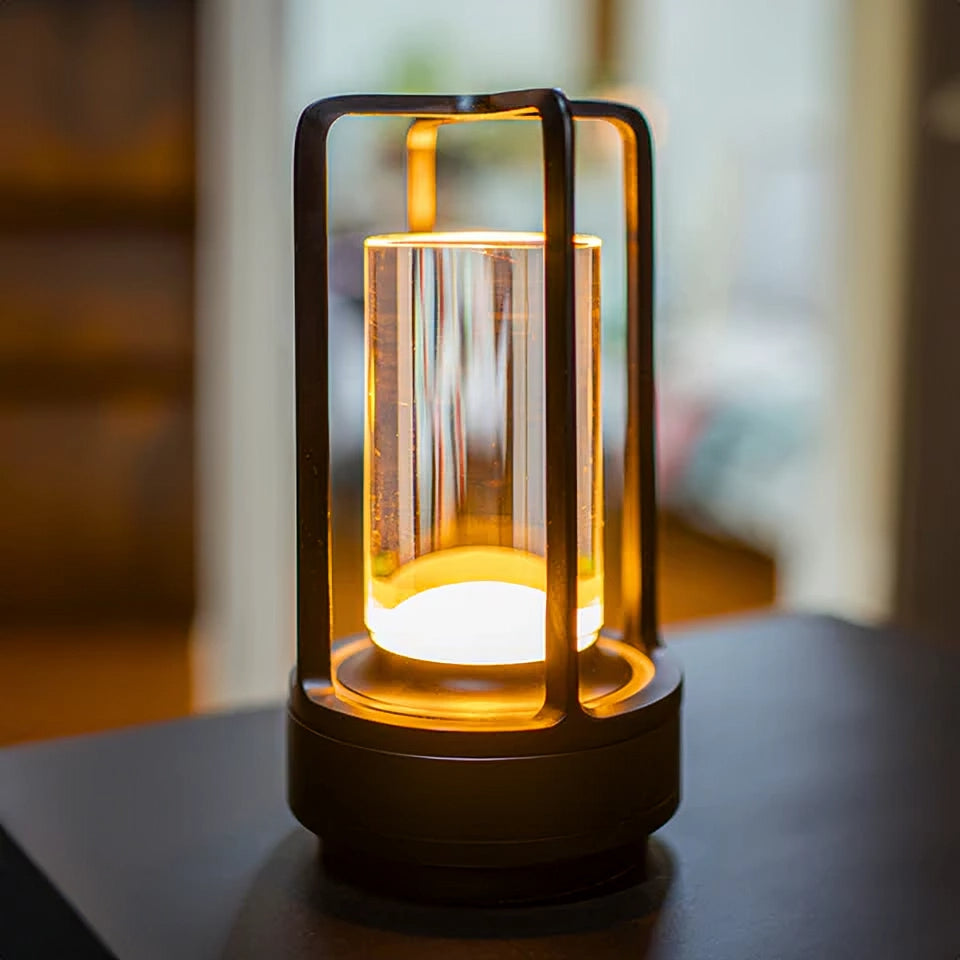 Lumina Lantern Table Lamp gold on white background, cutout view