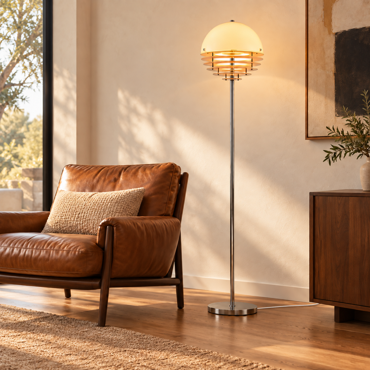 Aperol floor lamp with a glowing dome and open horizontal rings beside a cognac lounge chair, with a discreet white woven cord.