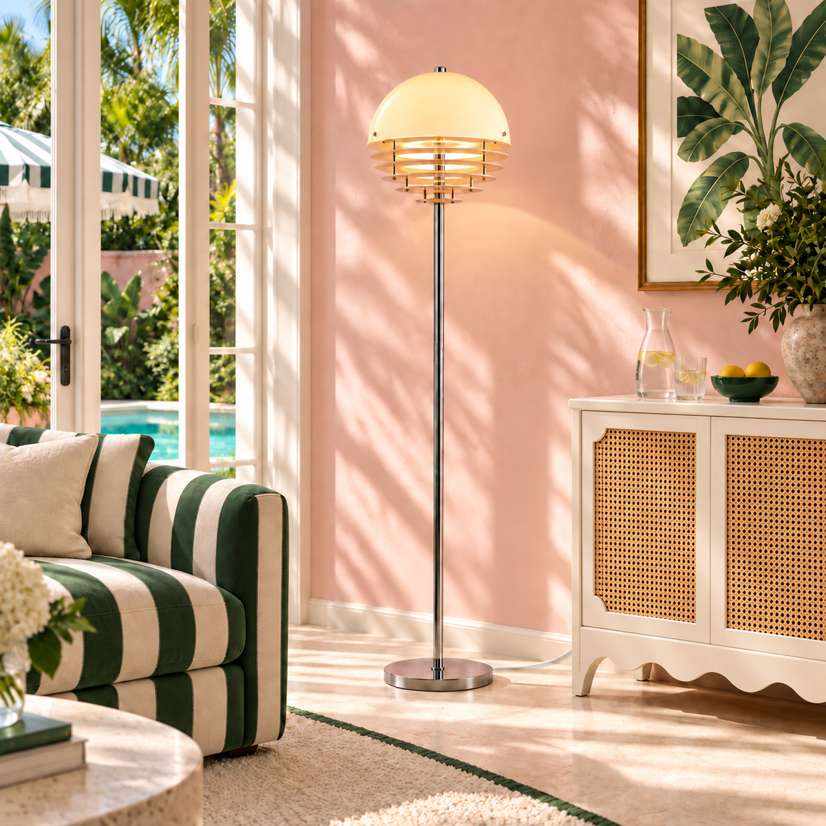 Aperol floor lamp with a white woven cord in a sunlit California-style sitting room with blush walls, green striped seating, an ivory cane cupboard and a pool garden view.