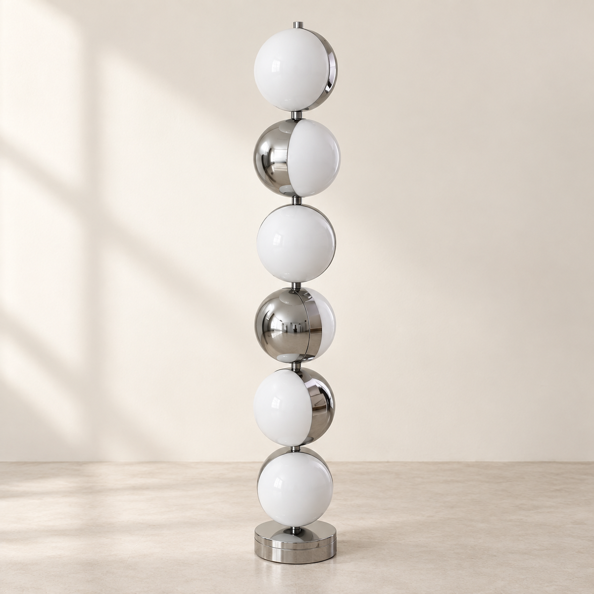 Caviar floor lamp switched off, showing six white and chrome globes facing different directions.