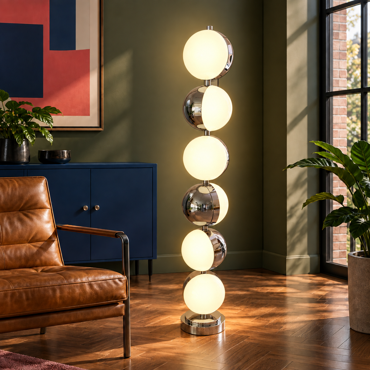 Caviar floor lamp illuminated in an olive loft; matching on-state image for the same room with the lamp off.