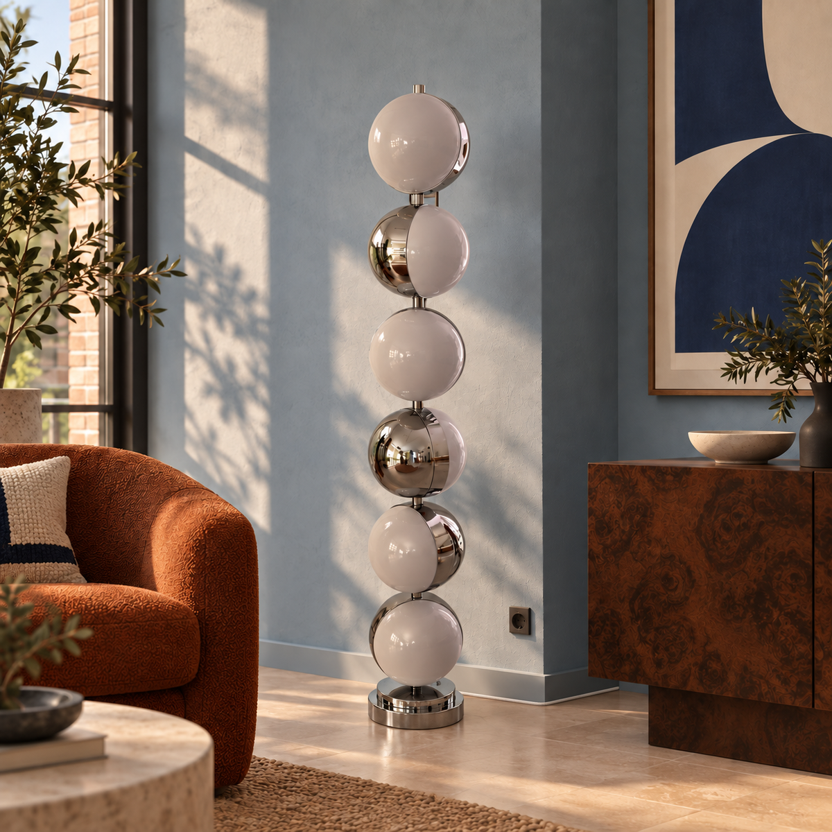 Caviar Floor Lamp switched off in a blue room, with a discreet white woven cord routed behind the burl-wood cabinet.