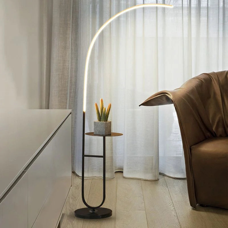 Crescenté Arc Floor Lamp curved metal arm detail with overhead light head