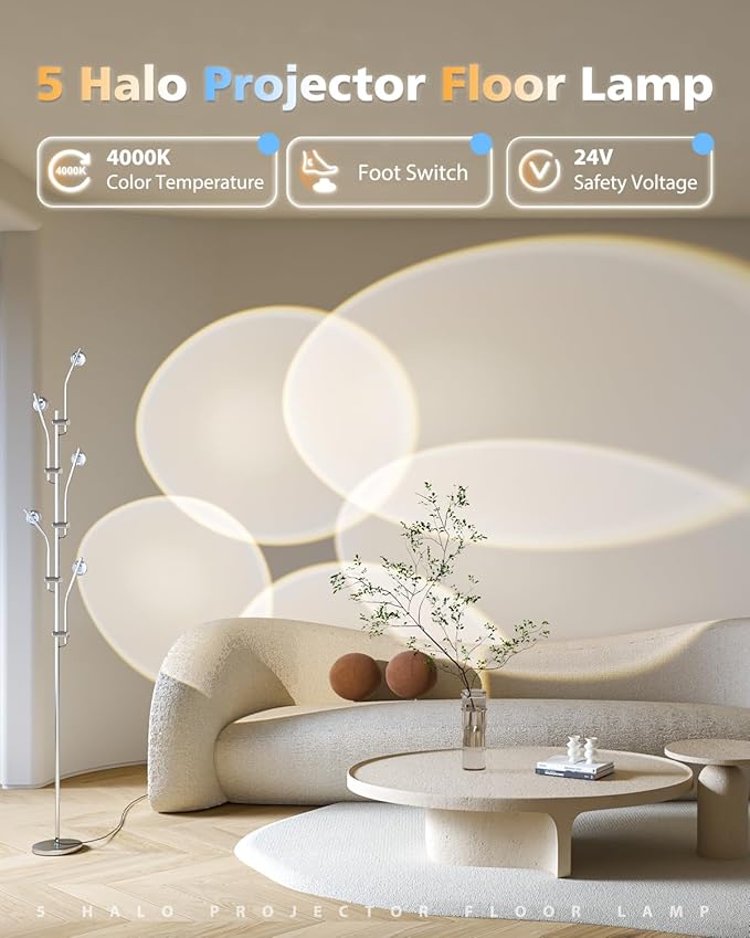 Polynescence Floor Lamp showing chrome arms with colored light filters