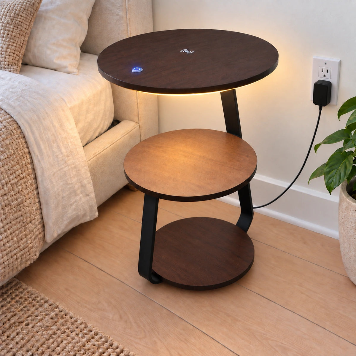 Glownest Bedside Table — illuminated in a styled room